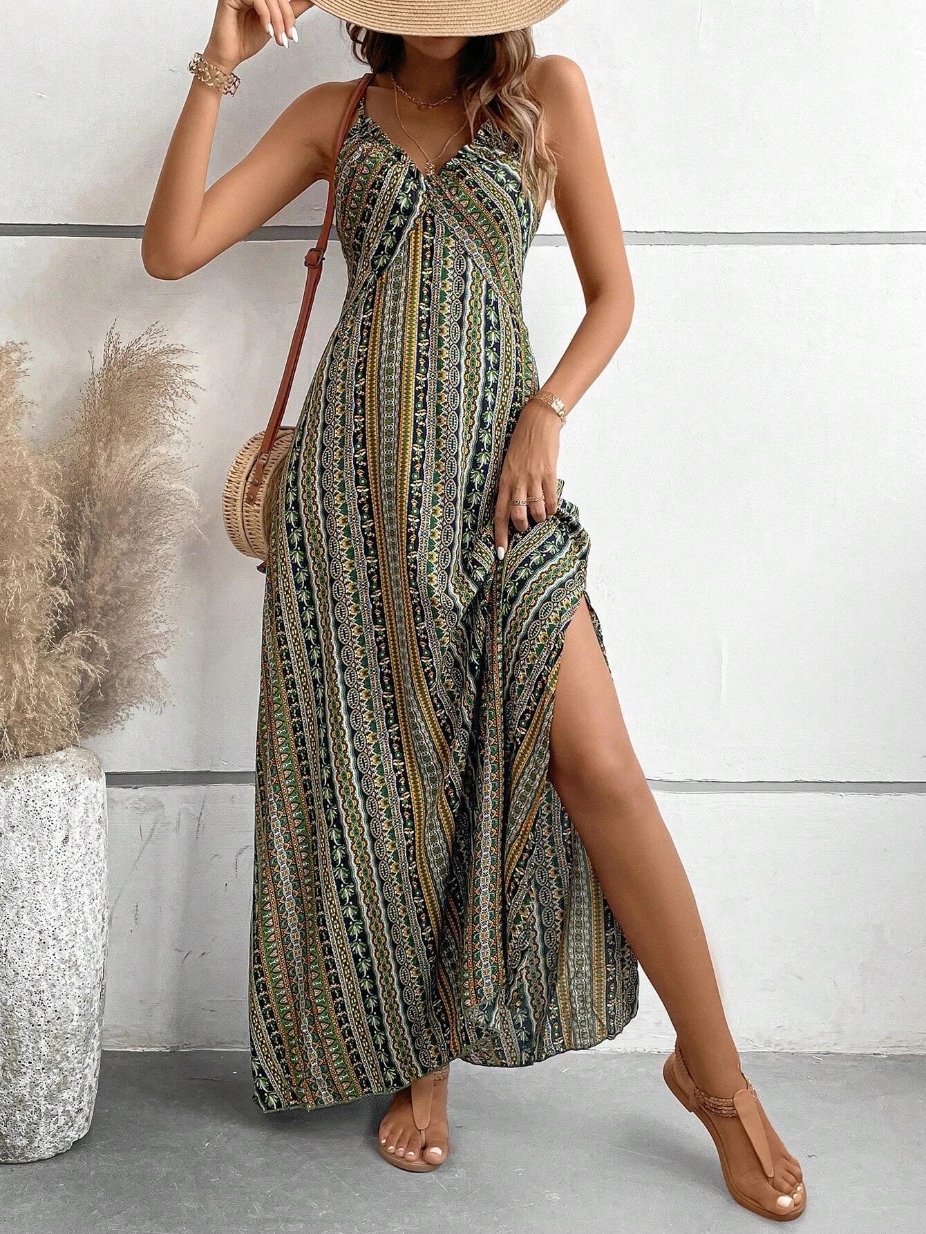 Women’s Boho Backless Split Thigh Maxi Beach Dress