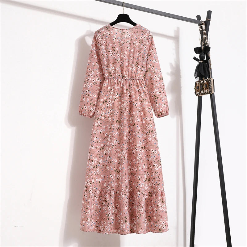 Women’s Floral Chiffon Midi Dress With Long Sleeves