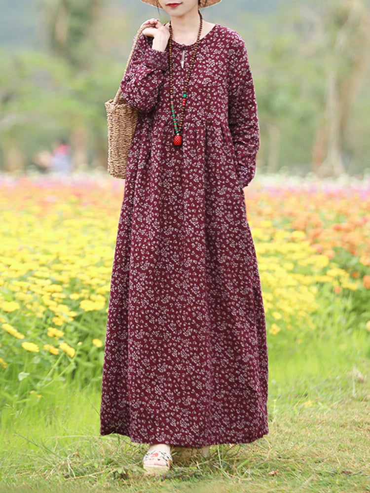 Women’s Boho Floral Maxi Dress Ankle-Length Cotton