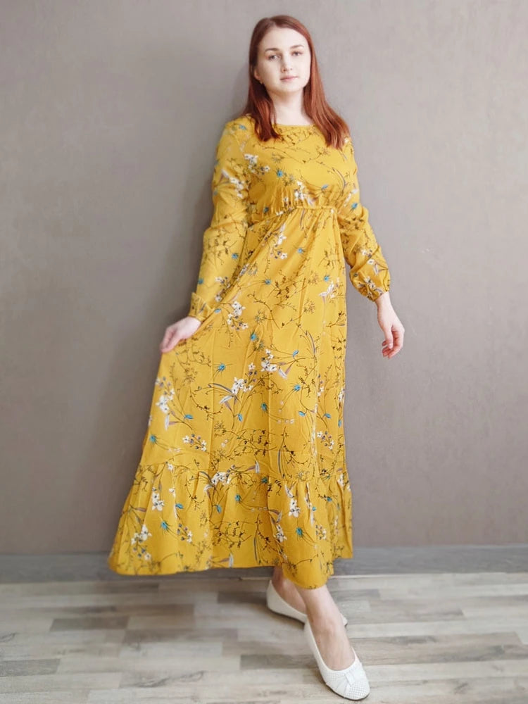Women’s Floral Chiffon Midi Dress With Long Sleeves