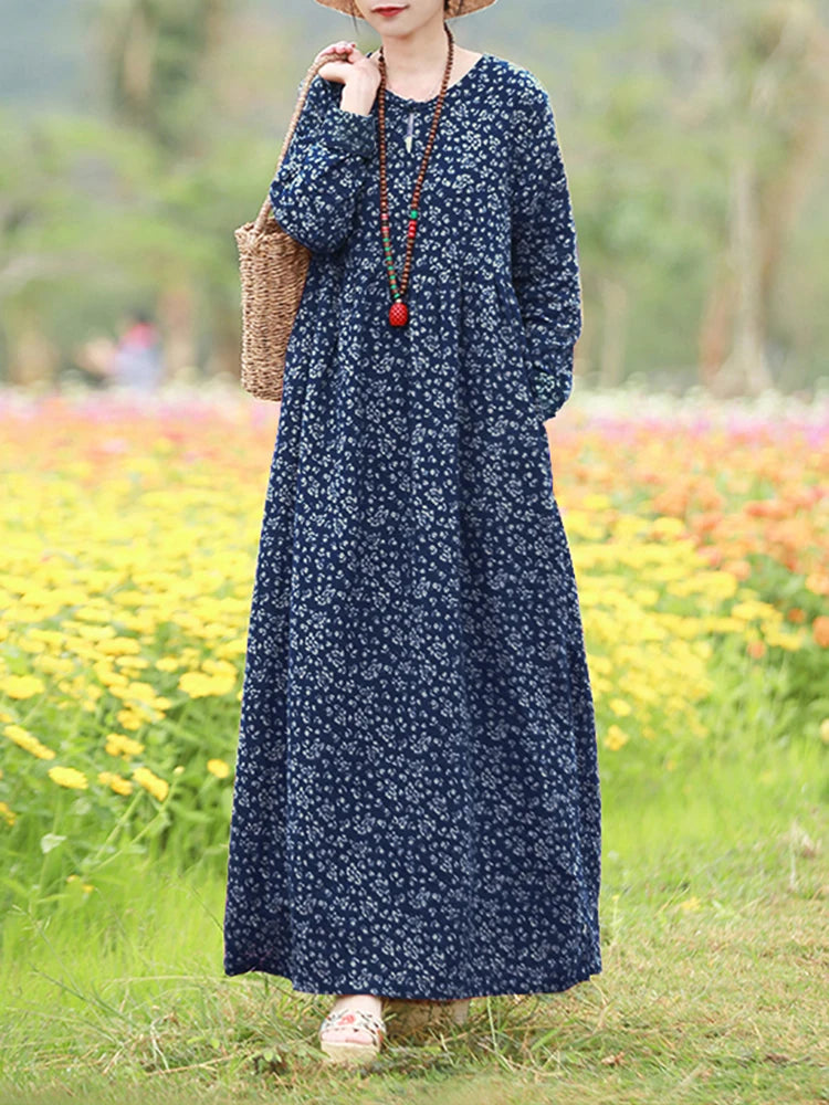 Women’s Boho Floral Maxi Dress Ankle-Length Cotton