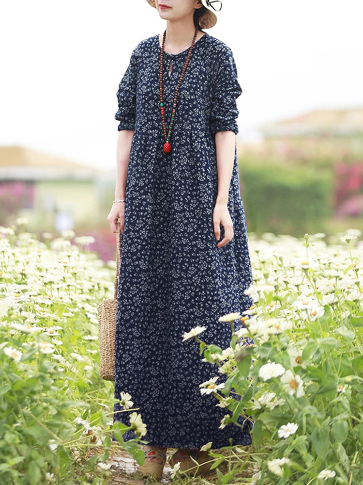 Women’s Boho Floral Maxi Dress Ankle-Length Cotton