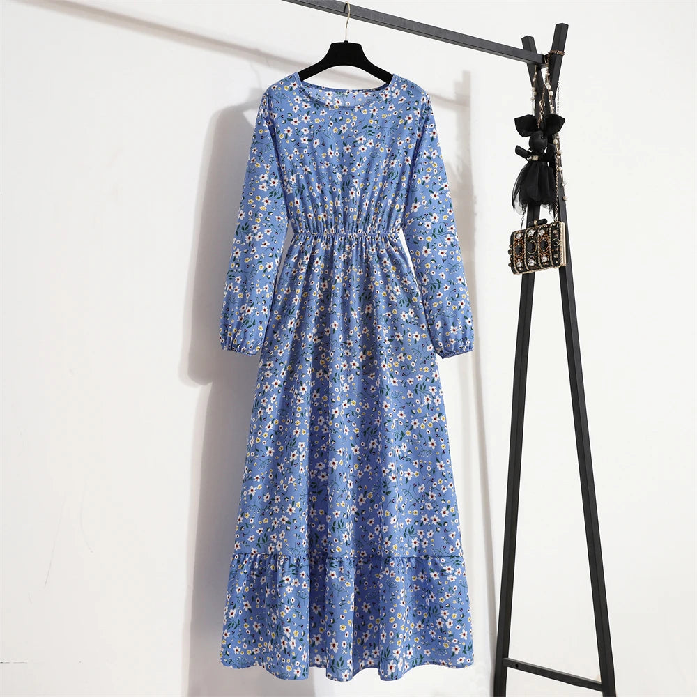 Women’s Floral Chiffon Midi Dress With Long Sleeves