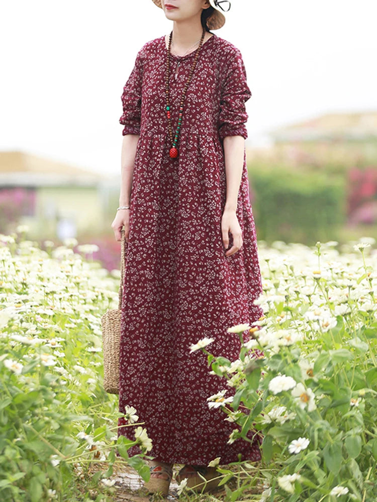 Women’s Boho Floral Maxi Dress Ankle-Length Cotton