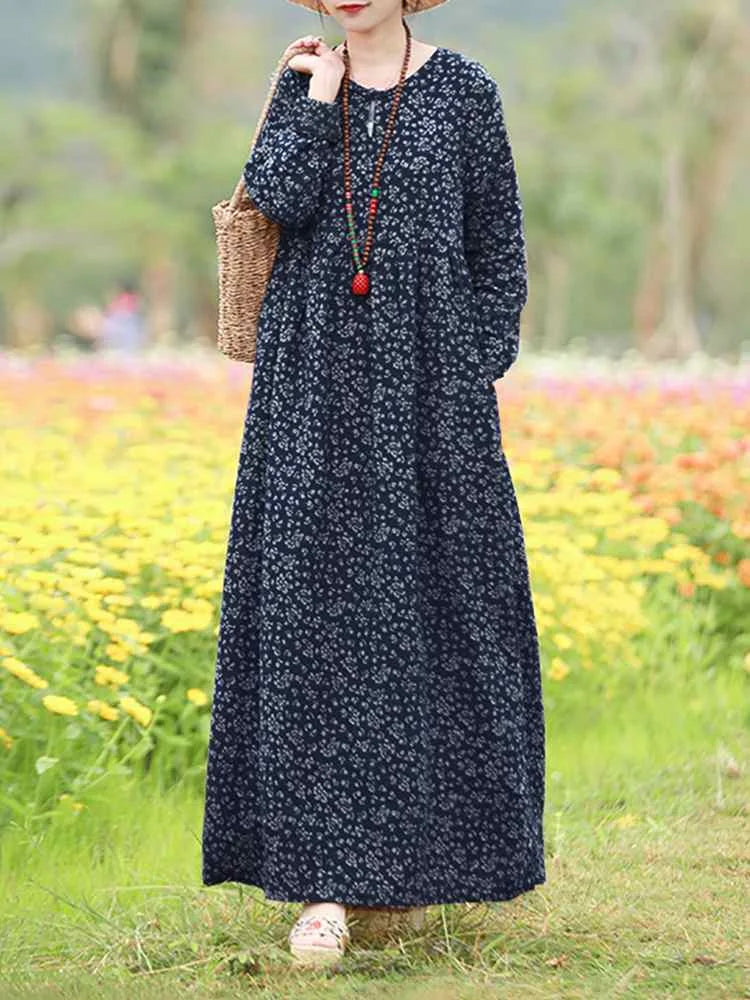 Women’s Boho Floral Maxi Dress Ankle-Length Cotton