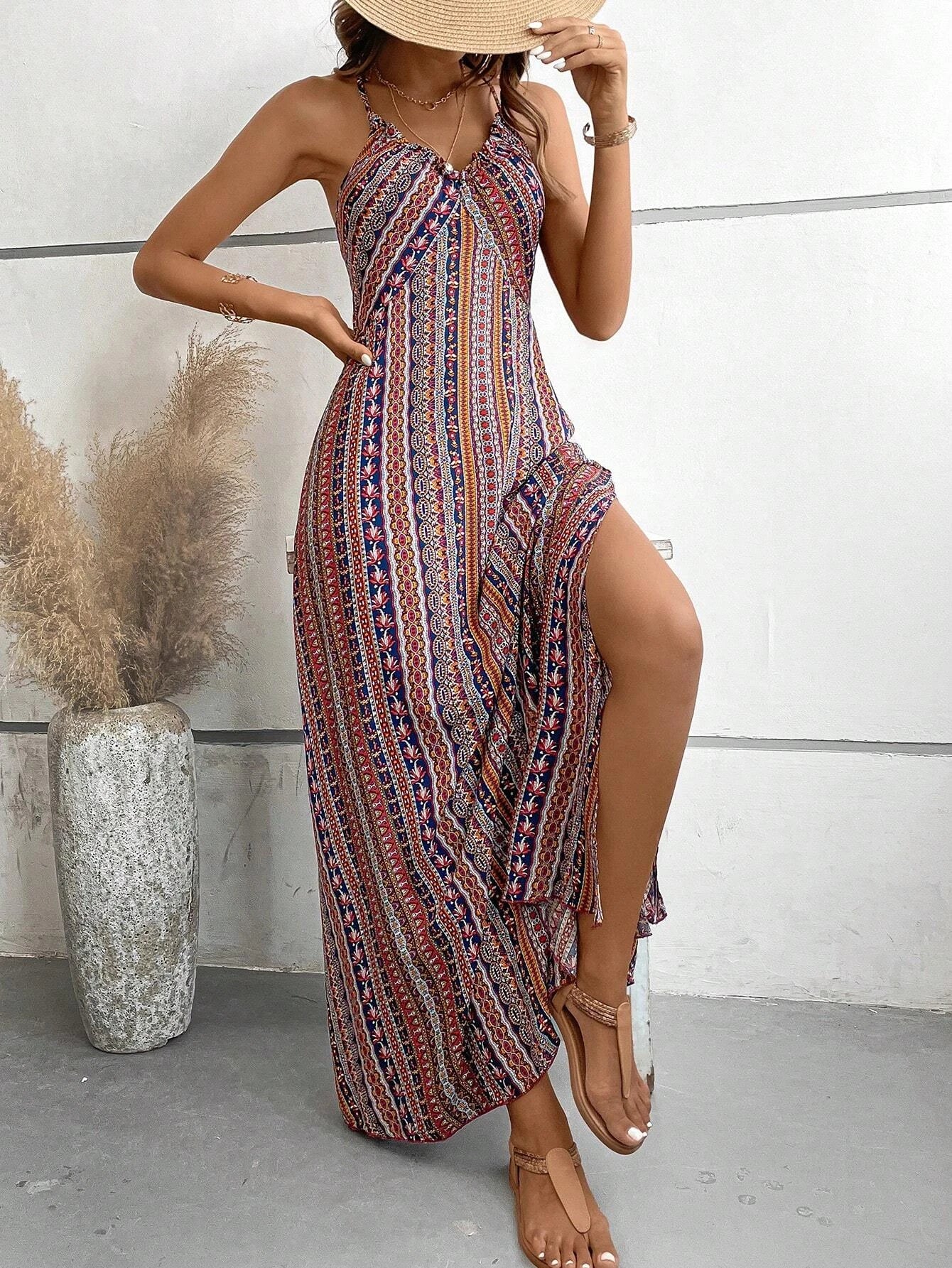 Women’s Boho Backless Split Thigh Maxi Beach Dress